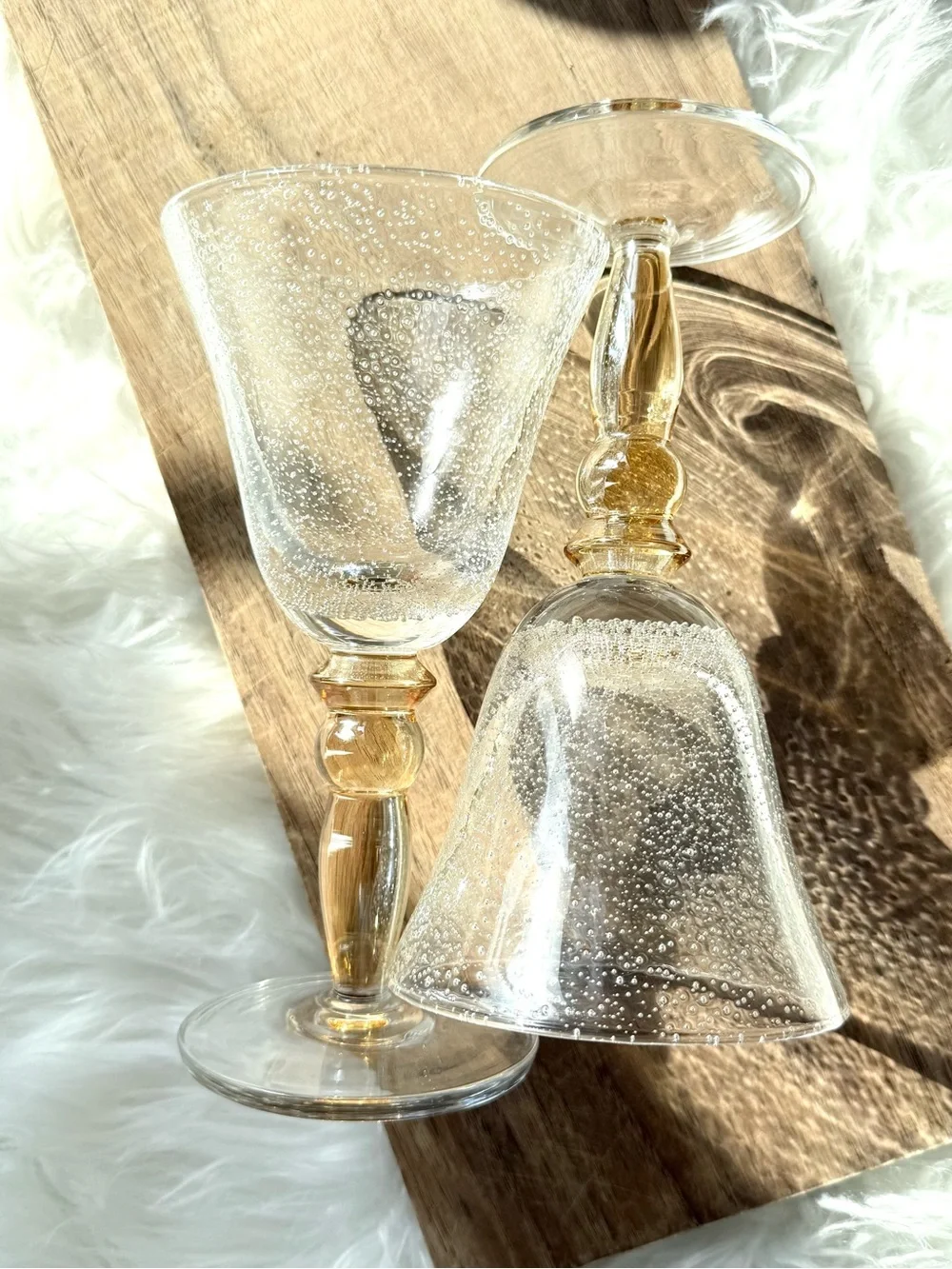 Pottery Barn Hand Blown Bubble Glass Wine Goblets Set of 2 Artisan Glass